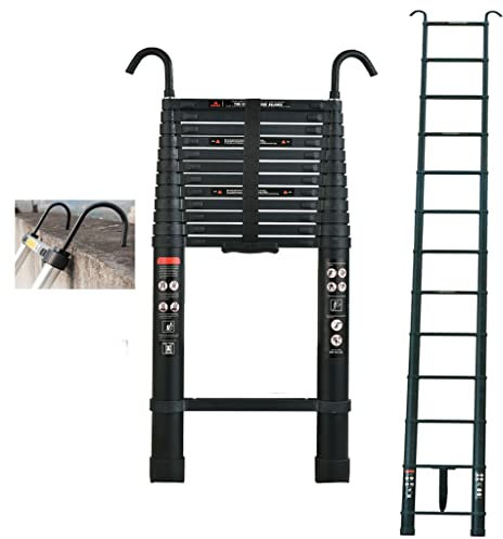 5M Aluminum Telescoping Ladder Folding Portable High Ladder & Roof Hook Capacity Max 150kg/330lb with EN131 For Outdoor & Indoor Use (Black)