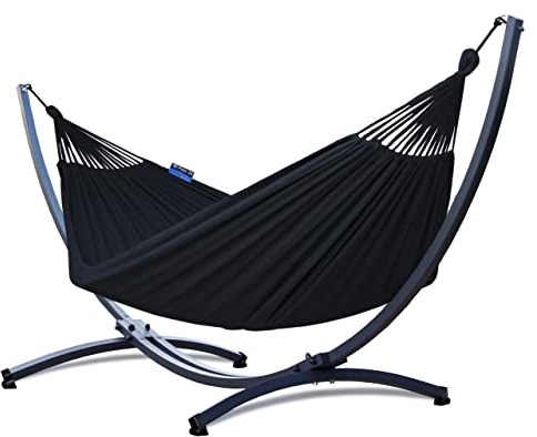 Potenza Outdoor Hängematte mit Gestell für 2 Personen I Baumwolle Doppelhängematte XXL 220x160, 200kg I Hängemattengestell 220kg, wetterfest (Schwarz, Basic Gestell Graphit)