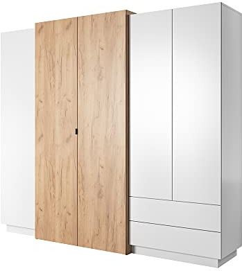 mb-moebel Kleiderschrank Drehtürenschrank mit 2 Schubladen Falttürenschrank 5-türig Schrank mit Einlegeböden und Kleiderstange Garderobe - Schlafzimmer 230x201x51,6 MONET3D