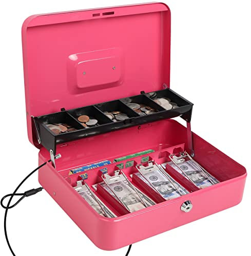 Parrency Geldkassette mit Schlüsselschloss, Schlossbox, Sicherheitsfach, mit Sicherheitskabel, langlebige Metall-Geldkassette mit Geldfach, Rosa