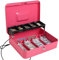 Parrency Cash Box with Key Lock，Lock Box Safe Storage Security Locker with Security Cable,Durable Metal Cash Box with Money Tray，Pink