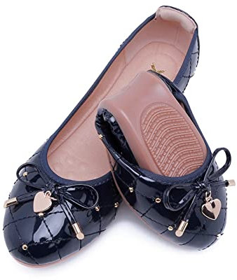 MACHSWON Womens Bow-Embellished Flat Shoes Casual Ballet Flats(Smooth Navy, Size 7)