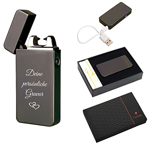 Pierre Cardin® Electric Feuerzeug Gunmetal Lichtbogen Feuerzeug mit Gravur personalisiert als Geschenk zu Weihnachten, Geburtstag etc. Elektronisches Feuerzeug, inkl. Geschenkverpackung Schwarz