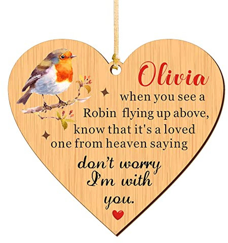 Personalised Wooden Hanging Heart Plaque Sign Robin Gifts Remembrance Plaque Memorial Baubles Christmas Tree Robin Decoration Plaque Bauble Gift Garden Sign to Remember Lost Loved Ones