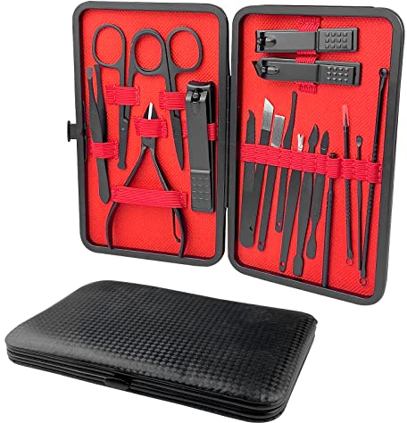 Relota Kit Manucure Inoxydable Noir, 18 pcs Coupe Ongle Kit Manucure Professionnel Hommes Trousse Manucure Femmes, Kit Pedicure avec étui Cuir Portable Noir Maison ou Voyage Peut être Transporté