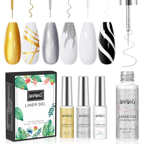 INPING Liner Nail Gel Polish, 3 Colors Glitter Silver Gold White, UV/LED Nail Art Varnish Line Pens for Beginner Salon Decoration