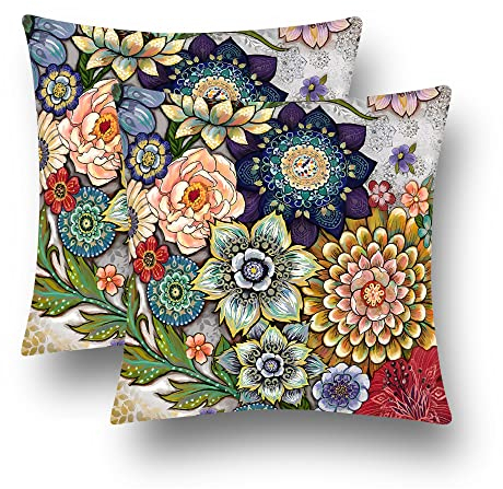 Asuexpect Boho-Kissenbezüge, Blumenmuster, 2er-Set, bunte böhmische Blumen, dekorative Kissen für Schlafzimmer, Sofa, Heimdekoration, 40,6 x 40,6 cm, Samt