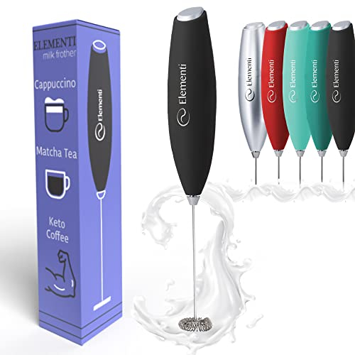 Elementi Milk Frother Handheld - Powerful Mini Coffee Frother Whisk - Hand Held Coffee Whisk Electric & Frappe Maker - Drink Mixer, Stirrer & Electric Milk Foamer (Black)