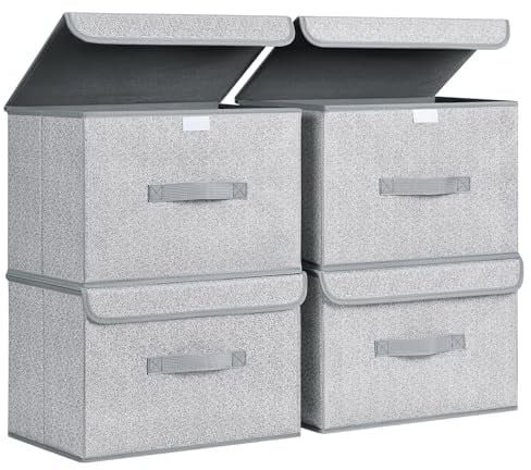 DIMJ Foldable Collapsible Storage Boxes with Lid - Fabric Decoratable Storage Organiser Box for Bedroom, Wardrobe, Closet, Shelf, Office, Cabinet,4 Pack, Ant Grey