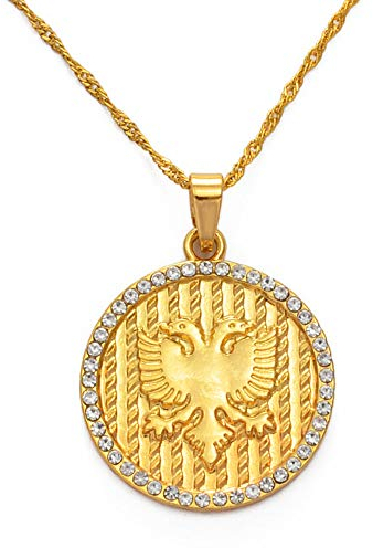 Runder Strass-Albanien-Adler-Anhänger Halsketten Goldfarben Albanische Charms Nationaler Schmuck Für Hochzeitskultur Feiertag Jubiläum Für Freundin Muttertagsgeschenk (Verpackt In Samtbeutel) Far