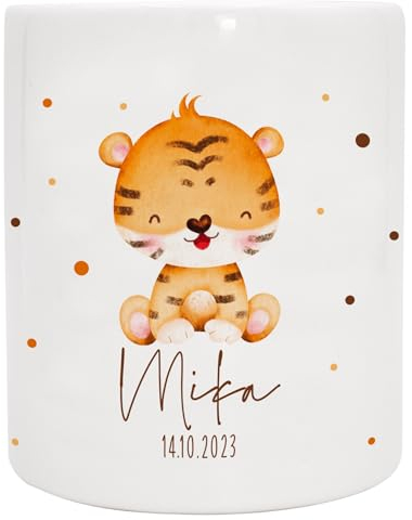 VERSCHENKICH Spardose für Kinder personalisiert - Geschenk für Kinder - Geburtstag, Weihnachten, Geburt - Spardose für Kinder mit Tiermotiv & eigenem Namen für Jungen & Mädchen (Spardose Tiger)