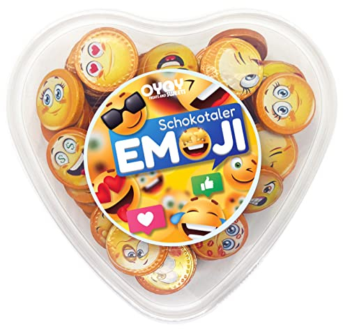 OYOY Emoji Schokolade Set mit 510g Smiley Schokotaler in einer Herzdose I ca. 78 Schokoladentaler aus Milchschokolade I Geschenke zum Geburtstag I Nervennahrung I Süssigkeiten Box