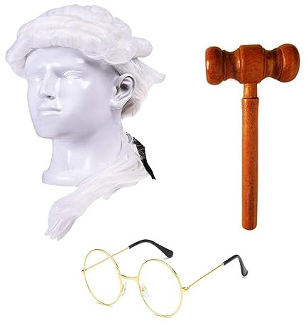 MEISH 3 Pieces Judge Accessories White Judge Wig Mini Wooden Gavel Gold Frame Glasses Judge Costume Props for Makeup Theme Party