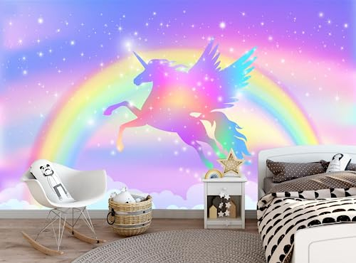 Fototapete 3D Effekt Tapete Regenbogen Einhorn 3D Tapeten Wandbilder Wohnzimmer Schlafzimmer Kinderzimmer Dekoration Wanddeko