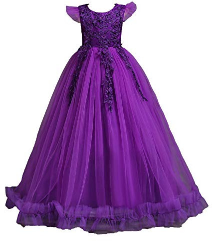 Valin Robe pour Filles Princesse Violet sans Manche Robes de Bal Tulle Robe de Soirée de Mariage Enfants Dentelle 11-12 Ans,V833