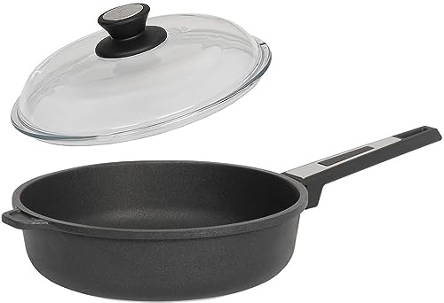 SKK große Schmorpfanne Ø 28 cm - ohne Induktion - runde Antihaft Aluguss Bratpfanne 2-tlg. mit hohem Rand & Vollglas Deckel - Made in Germany