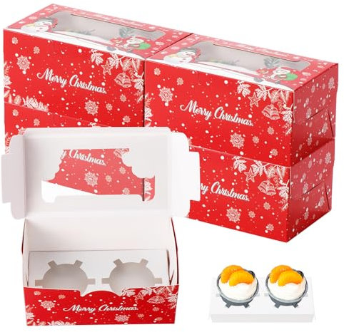 Fippy 50 Stück Cupcake Box 2er Weihnachten, Weihnachten Cupcake Schachtel Box mit Sichtfenster, Weihnachts Kekskästen Boxen Geschenkboxen für Cupcakes Desserts Keksen