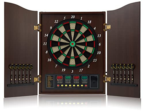 Hanbramo Dart Board, Decorative Dart Board Cabinet Set [12*Soft Tip Darts], Electronic Dart Board - Wooden Cabinet Doors with Integrated Scoreboard for Family Game Rooms (Coffee)