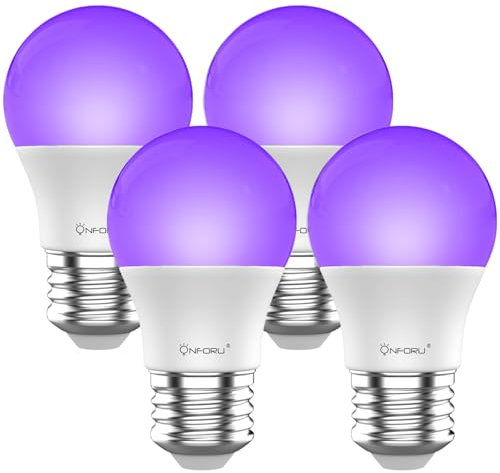 Onforu Lot de 4 Ampoule LED UV, E27 Ampoules Lumière Noire Lampe, 220-240 V Lampe LED Ultraviolet, UV-A Lampe de Ultraviolet Violette, Eclairage Décoratif pour Halloween Noël Bar Fête Peinture Fluo
