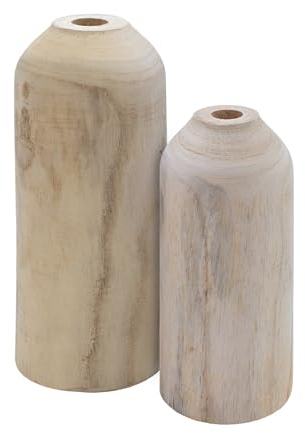 Holz Blumenvase 2er Set mit gerader Form - je 1x 20 cm und 25 cm - Flasche Holzvase naturbelassen - Tischdeko Fensterdeko für Kunstpflanzen und Pampasgras