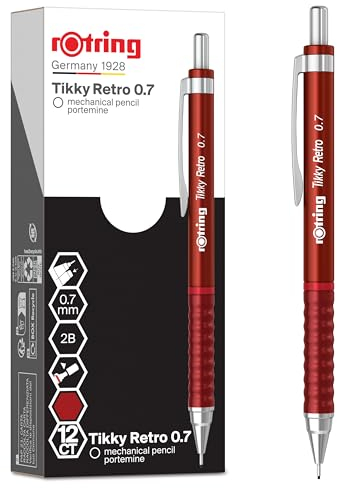 rOtring Tikky Retro Druckbleistifte | 2B 0,7 mm | Roter Schaft | mit geriffeltem Griff für hohen Komfort | 12 Stück