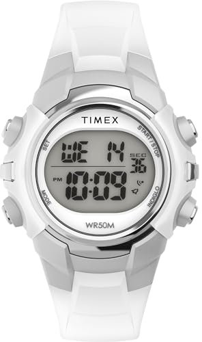 Timex Orologio sportivo unisex da 33 mm, cinturino in resina bianca, quadrante digitale, cassa argentata TW5M61500