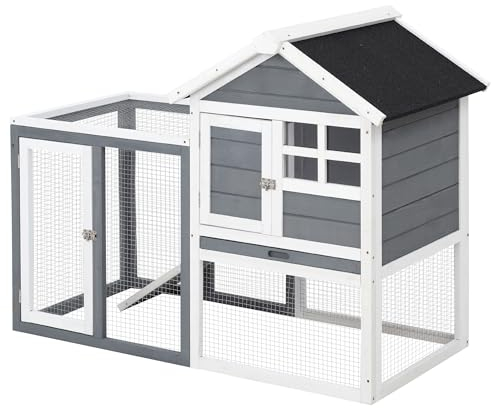 PawHut Kaninchenstall Tannenholz Indoor Outdoor Kleintierstall Kleintierkäfig Kleintierhaus Herausnehmbare Rampe und Bodenwanne Grau+Weiß+Schwarz 122 x 62,6 x 92 cm