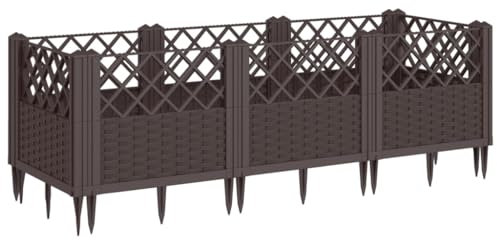 vidaXL Pflanzkasten mit Erdspießen, Modular Pflanzkübel mit Rattan-Optik, Blumenkübel für Außenbereich, Pflanzbeet Blumenbeet, Braun PP