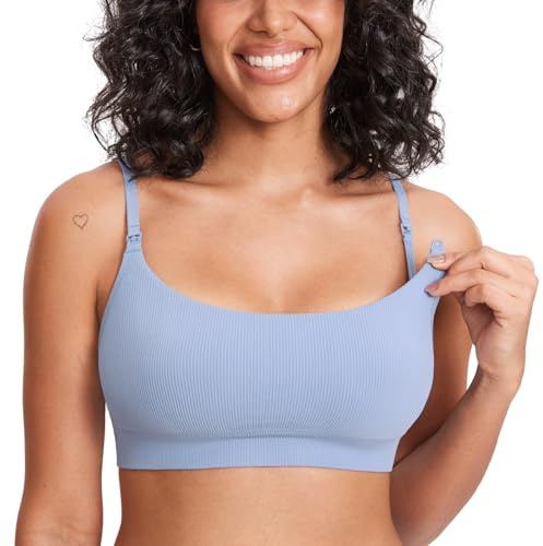 MOMANDA Ribbed Nursing Bras for Breastfeeding Soft Lift Maternity Sleep Bra Wireless Seamless Comfy Bralettes Moonlight Blue Medium
