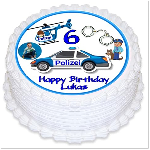 Tortenaufleger Geburtstag, Motiv Polizei, personalisiert mit Ihren Foto und Text, Tortenaufleger Geburtstag Essbarer Tortenaufleger aus Fondant