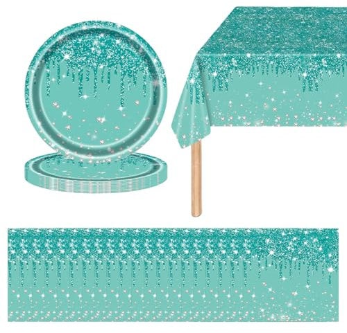 41P Shiny Glitter Diamond Party Tableware Set - Teal Blue Princess Plates, Napkins, Tablecloth - Sparkling Paper Dinnerware for Birthday, Baby Shower, Wedding