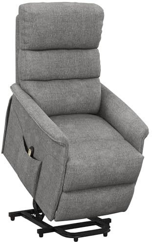 HOMCOM Fernsehsessel mit Aufstehhilfe Elektrisch, Relaxsessel mit Liegefunktion, TV-Sessel mit Leinenoptik, Taschenfeder, Seitentasche und Fernbedienung, für Wohnzimmer, Grau