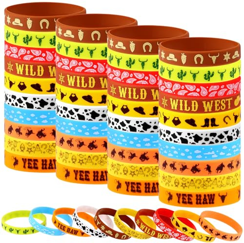 HAOWANWW 50 Stück Western-Party-Armbänder, Cowboy-Cowgirl-Armbänder, Silikon-Armbänder, Western-Thema, Stretch-Armbänder für Western-Party, Babyparty, Kindergeburtstag, Partyzubehör, Dekorationen, 10