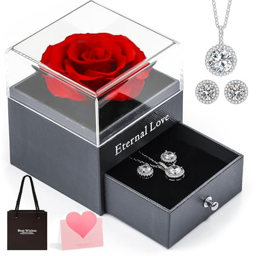 Elekin Ewige echte Rose mit Halskette Ohrringe, Konservierte Rose Blumen Schmuck Geschenkbox zum Valentinstag Muttertag Hochzeit Jahrestag Geburtstag Geschenk für sie Frauen Freundin Frau