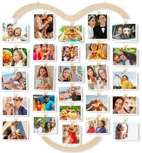 Uping Bilderrahmen Collagen, Fotowand Collage mit 30 Holzklammern und 5 Hanfseil Holzbildfoto Rahmen für Wall Decor, Hängender Bilderrahmen & Fotohalter Wand (57 * 70CM)