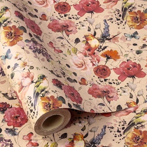 RUSPEPA Rouleau de papier cadeau Kraft - Mini rouleau - Motif fleurs et oiseaux en fleurs Idéal pour anniversaire, fête, baby shower - 43,2 cm x 10 m
