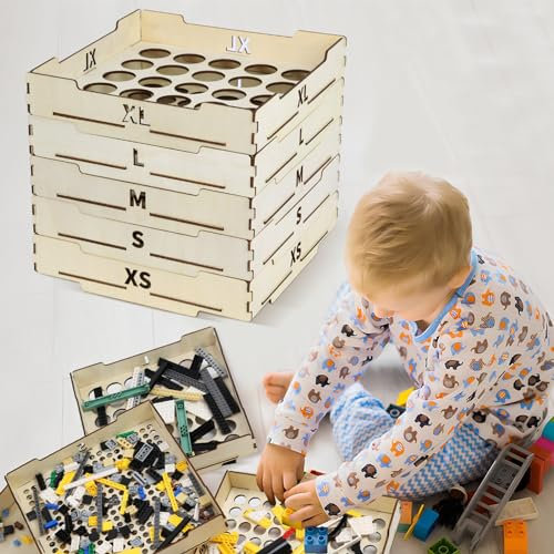 Monteludus Toy Block Sorter Sifter - 5 Size Lego Brick Sorting Boxes, Wooden Storage Box for Blocks, Birthday Gift for Boys, Girls & Adults