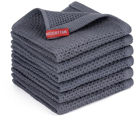 BOOMIBOO Kitchen Towels 6-Pack Kitchen Dish Cloths,100% Cotton Towels Waffle Weave, Ultra Soft Absorbent, Quick Drying, 12x12 Inches,Dark Grey