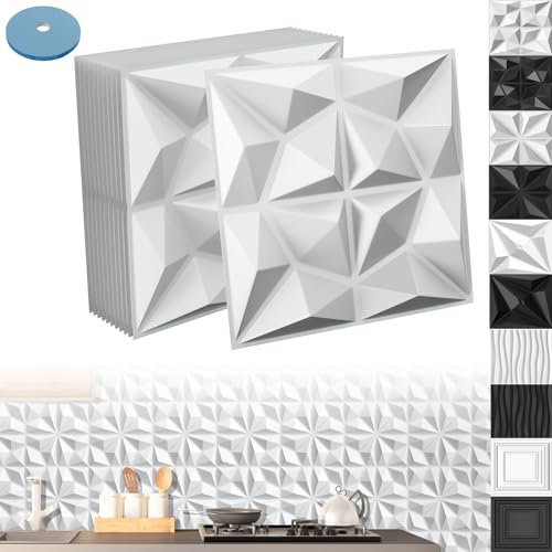 XINZI 3D Wandpaneele PVC Wandverkleidung Wanddeko 50x50 cm, 36 Stück 3D Wandplatten Wall Panels Gaming Wandpaneele, Deckenplatten Wall Deko Panel für Deckenpaneele Wand Panels, Prisma Weiß, 9m²
