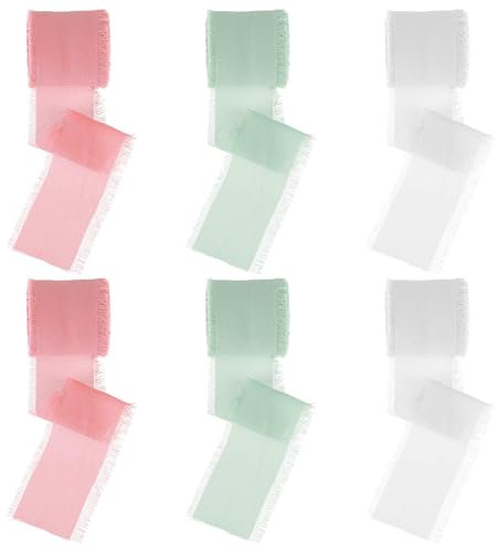 6 Rollen Geschenkband Schleifenband Grün Weiß Rosa, Chiffonband Dekoband, 4 cm x 30 m(Gesamtlänge), Stoffband Schleifenband Hochzeit Deko Taufe Blumenstrauß Geschenkverpackungen DIY Handwerk