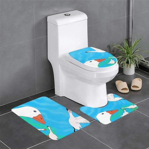 JZIRQWKXVS Happy White Goose Badezimmerteppich-Set, 3-teilig, Mikrofaser, Badematte und U-förmiger WC-Vorleger, maschinenwaschbar, trocknergeeignet, rutschfest, saugfähig, Badteppich für Badewanne