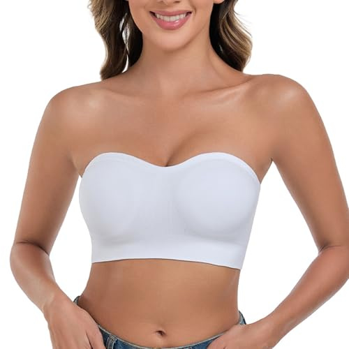 ANGOOL Women's Bandeau Bra Strapless Non-Wired Padded Seamless Multiway Convertible Straps Full Support Non-Slip, White, M