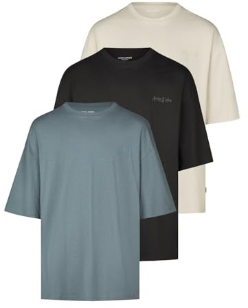 JACK & JONES Tshirt Herren Oversize Fit JJECHARGE 3er Set Pack Rundhals | Kurzarm Sommer Tee Shirt Print Schwarz Weiß Beige Grün Grau Braun S M L XL XXL 3XL