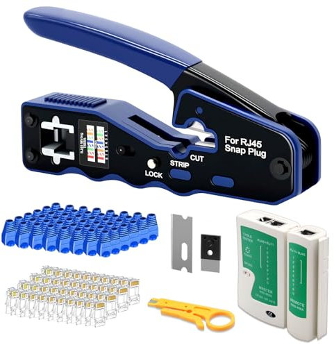 RJ45 Crimpzange Netzwerkkabelzange Stecker Netzwerk Werkzeug für RJ45 Cat6 Cat5 Cat5e mit 50 Stück Cat6 Pass-Through Steckverbindern und Schutzabdeckungen, 1 Stück Netzwerkkabel Tester