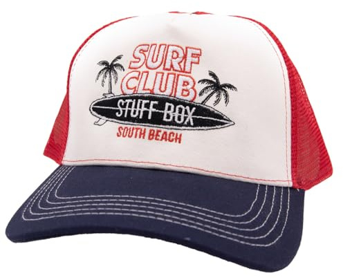 Stuff-Box Cap Surf Club 0015 – Snapback Trucker Cap mit Palmen & Surfbrett Stick – Navy/Rot/Weiß – Retro Beach Look – Unisex – STB-0015