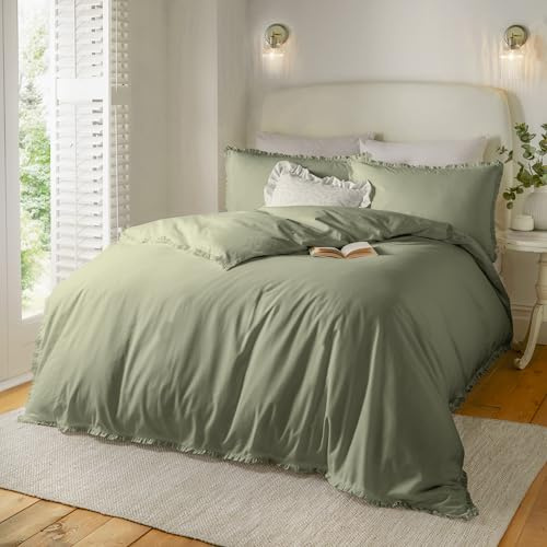 furn. Wylder Nature Tilly Duvet Cover Set – 100% Tumbled Cotton Minimal Ruffle Bedding with Elegant Trim (Sage - King)