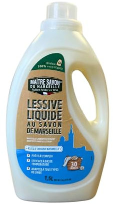 Maître Savon de Marseille – Detergente liquido con Sapone di Marsiglia – 1,5L – 30 lavaggi – Tutti i tessuti – Efficace a basse temperature – 93,5% ingredienti naturali