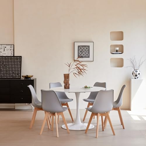 Uderkiny Esstisch und Stuhlset, 110 cm Runder Esstisch-MDF-Tischplatte und 6 Moderner Esszimmerstuhl-PU-Sitzkissen, Geeignet für Küche, Esszimmer, Wohnzimmer, Café, Balkon(Weiß + 6 Grau)