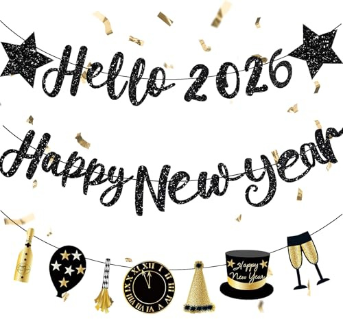 Silvester Banner, Happy New Year Girlande, Frohes Neues Jahr Banner, Silvester Deko für 2026 Neujahr Party Deko Zubehör Fotohintergrund Heimdekoration Neujahr Dekoration Party Deko Zubehör