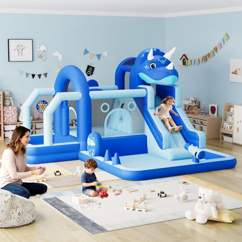 Inflatable Dinosaur Bounce House with Slide and Air Blower, Large Oxford Cloth Jumping Castle 382×375×254 cm, Durable Sewn Bouncy House with Safety Net for Kids, Indoor & Outdoor Fun